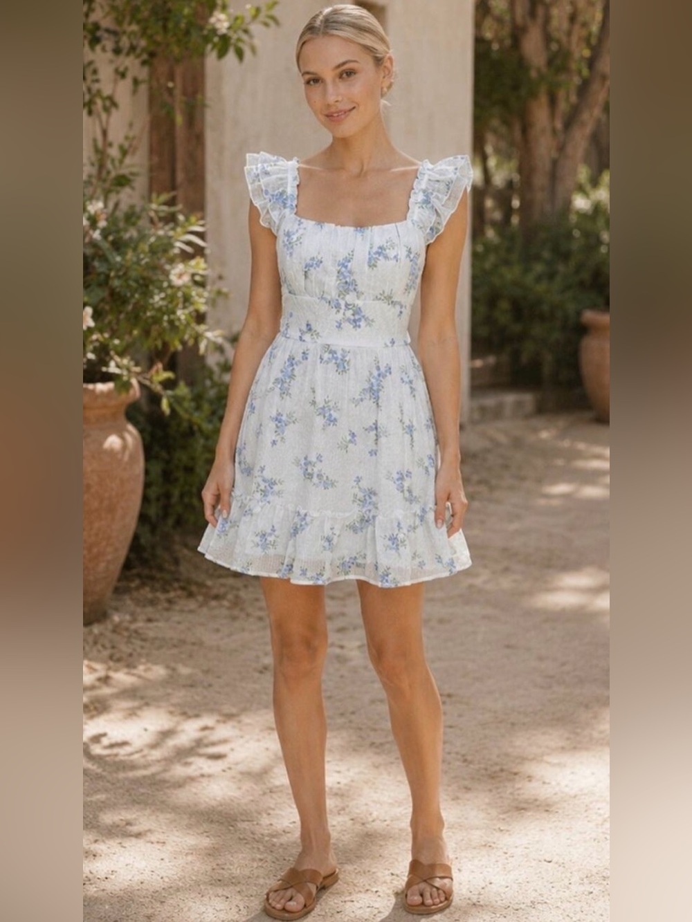 Altar'd State Blue Floral Ruffle Bow Back Mini Dress M NWOT Cottagecore